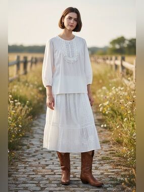 Feminine Romantic Boho 100% Cotton Lace & Ruffle Front Tunic with Belled Sleeves